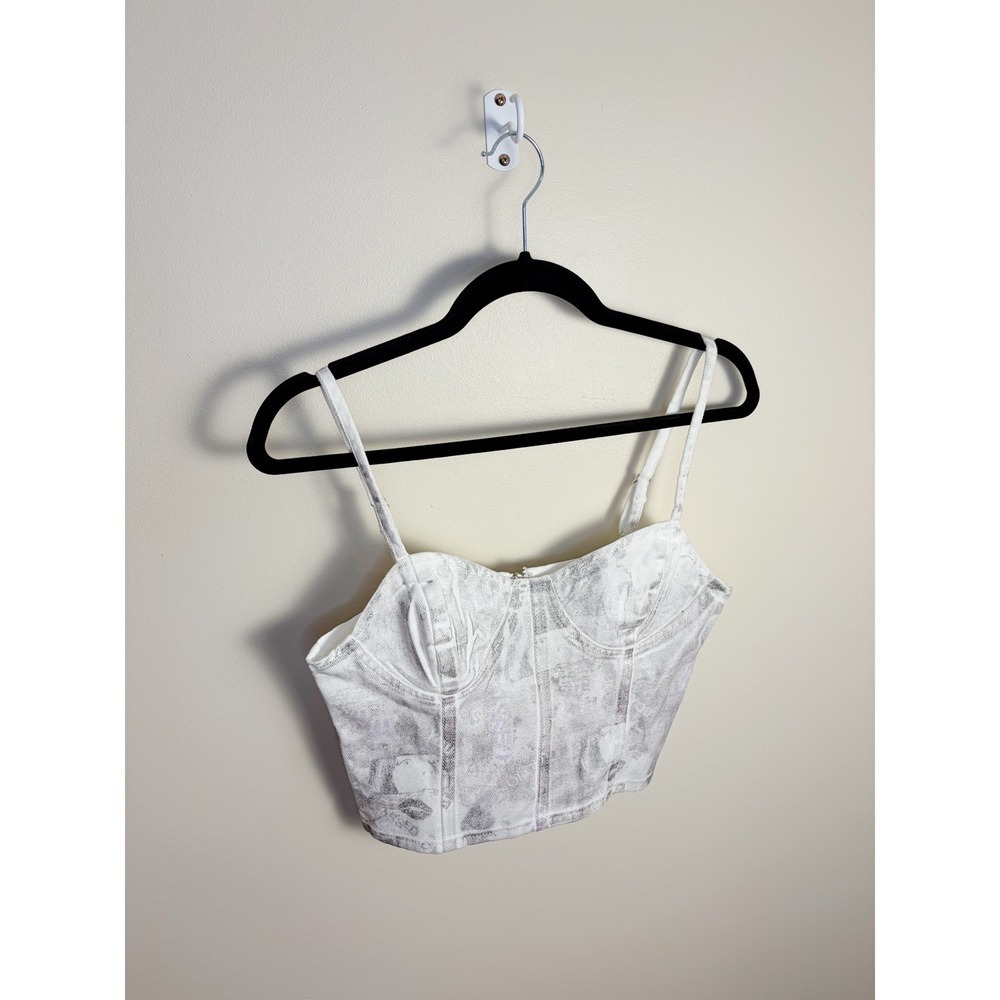 Forever 21 Bustier Top Womens Small White Newsprint Corset Crop Top Zipper Back - Picture 3 of 8